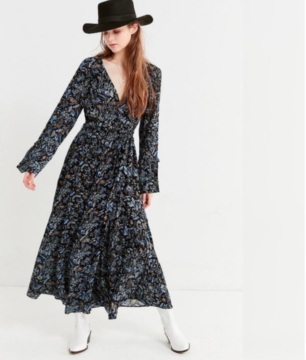 Urban Outfitters Sz S Lightweight Dark Floral Faux Wrap Maxi Dress Long Sleeve